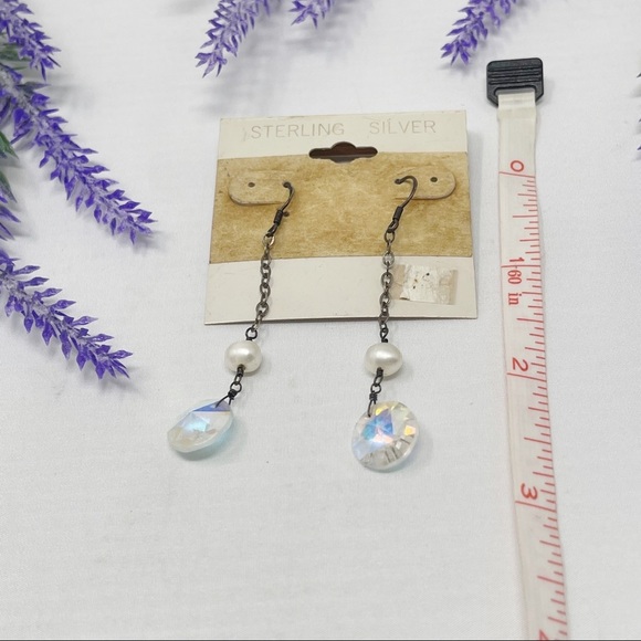 Vintage 925 Aurora Borealis & Genuine Pearl Dangle Earrings - Picture 4 of 4